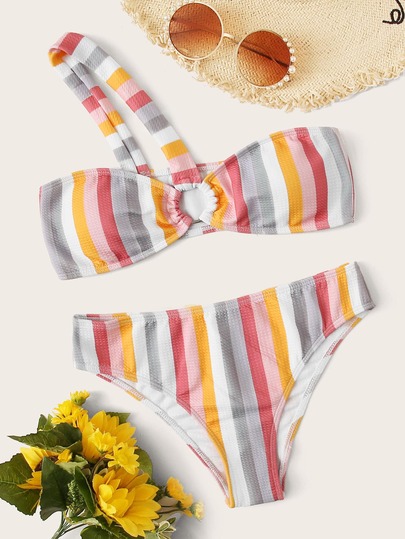 Multi-color Striped One Shoulder Bikini Set