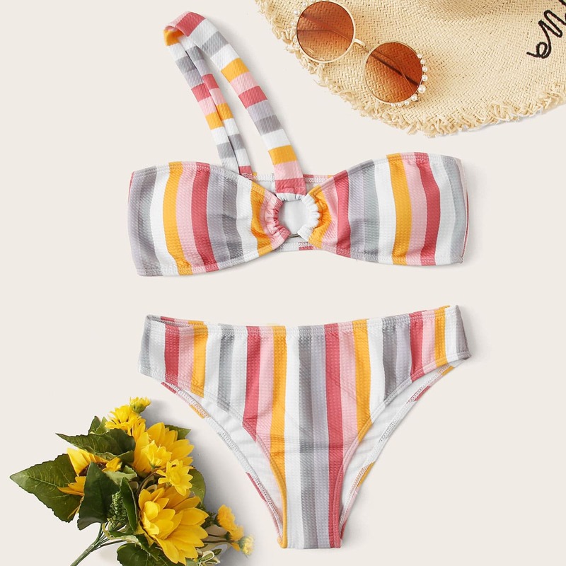 

Multi-color Striped One Shoulder Bikini Set, Multicolor