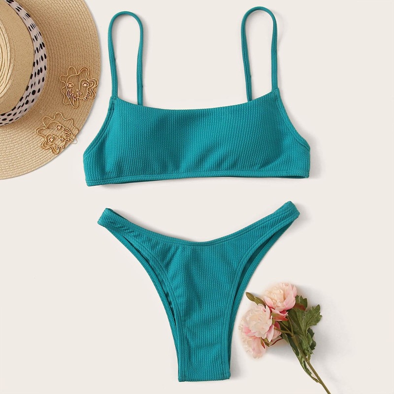 

Ribbed High Leg Bikini Swimsuit, Cadet blue