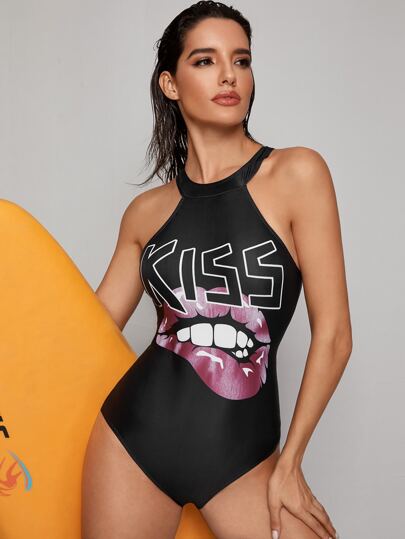 Letter & Mouth Print One Piece Swimwear
