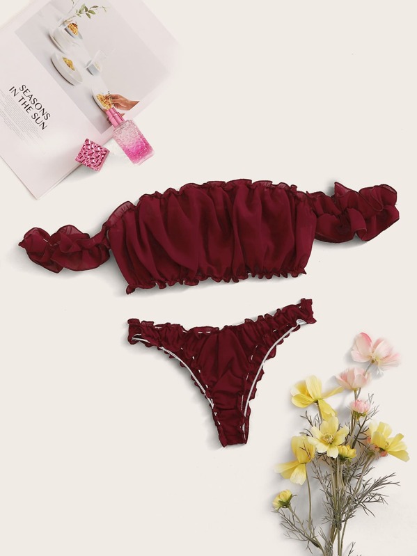 

Frill Trim Bardot Lingerie Set, Burgundy