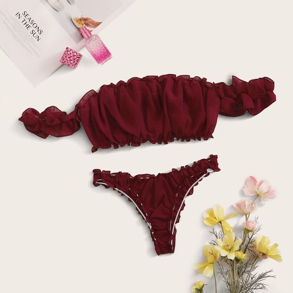 

Frill Trim Bardot Lingerie Set, Burgundy