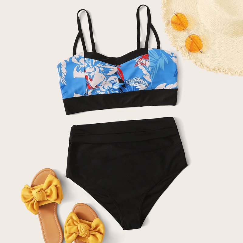 

Floral Random Print Top With High Waist Bikini, Multicolor