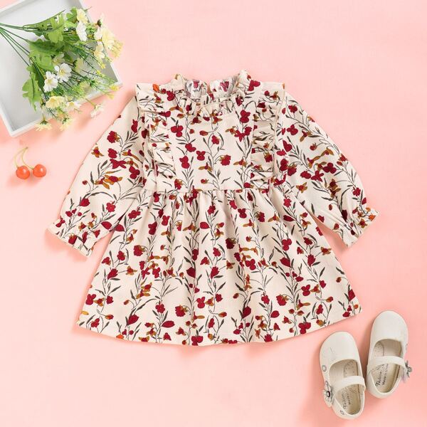 

Baby Girl Corduroy Floral Print Ruffle A-line Dress, Multicolor