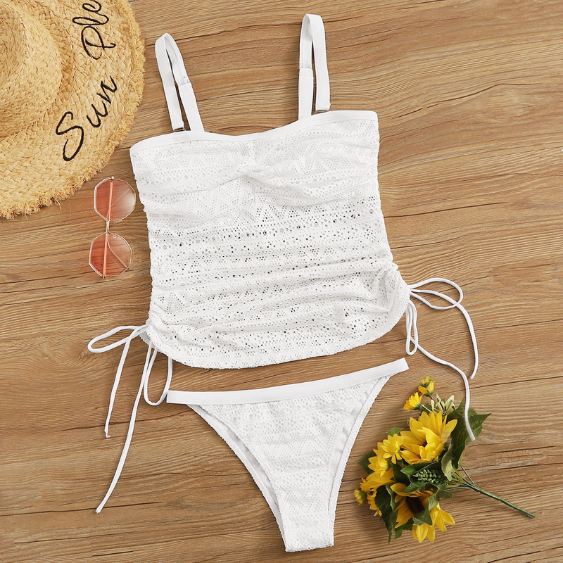 

Floral Lace Tie Side Top With Tanga Tankini, White