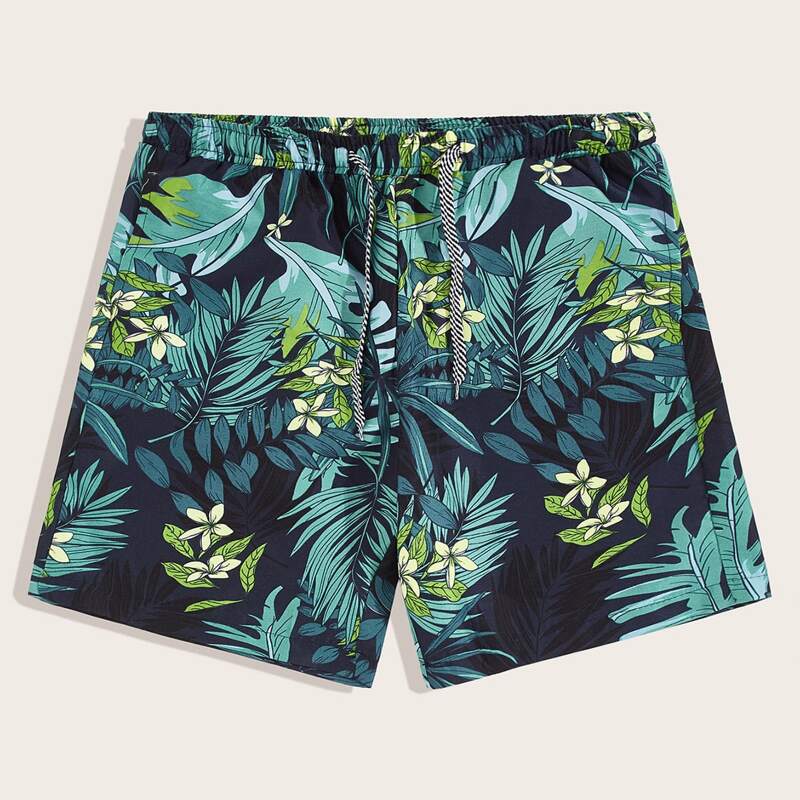 

Guys Tropical Print Drawstring Waist Beach Shorts, Multicolor