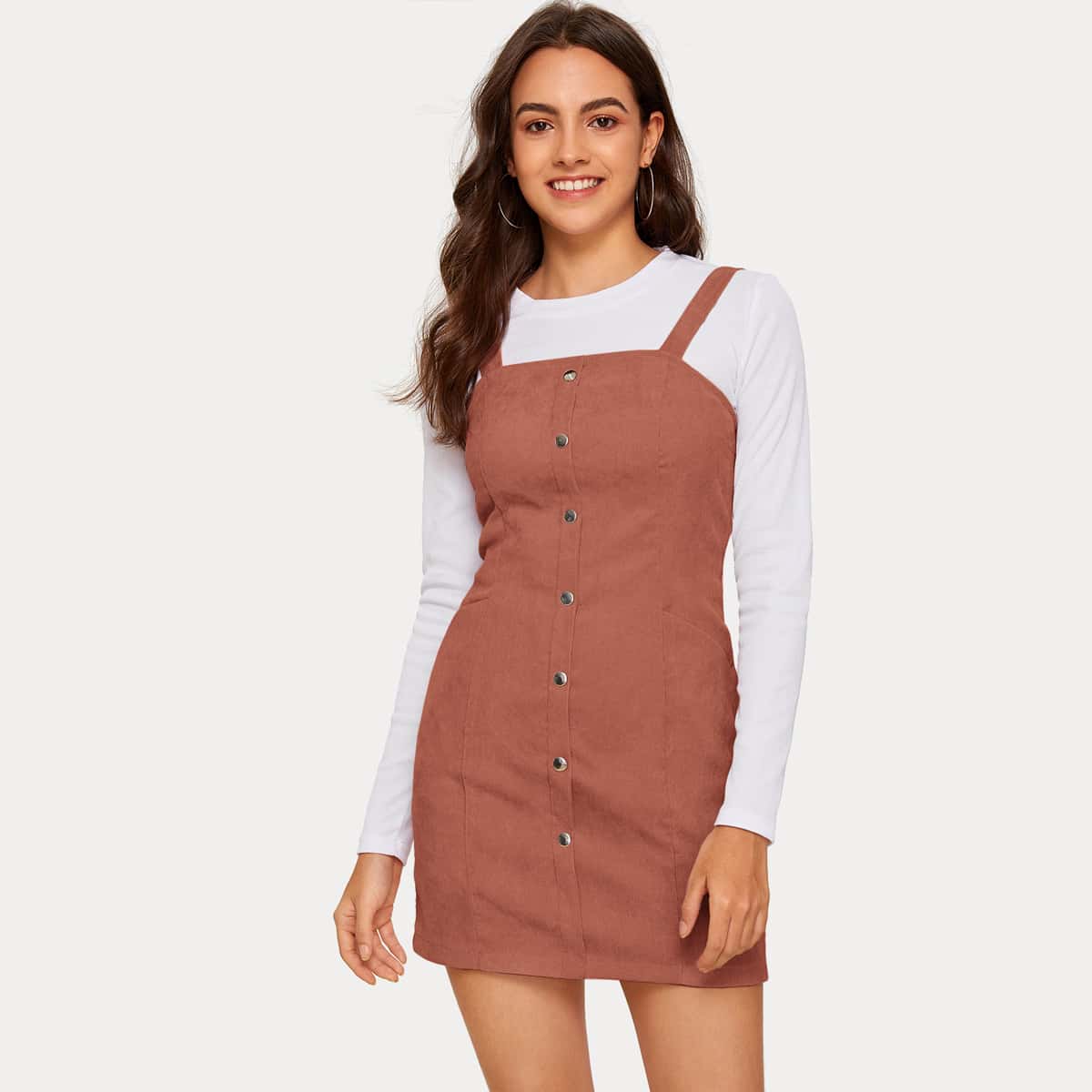

Solid Button Front Corduroy Pinafore Dress, Nude