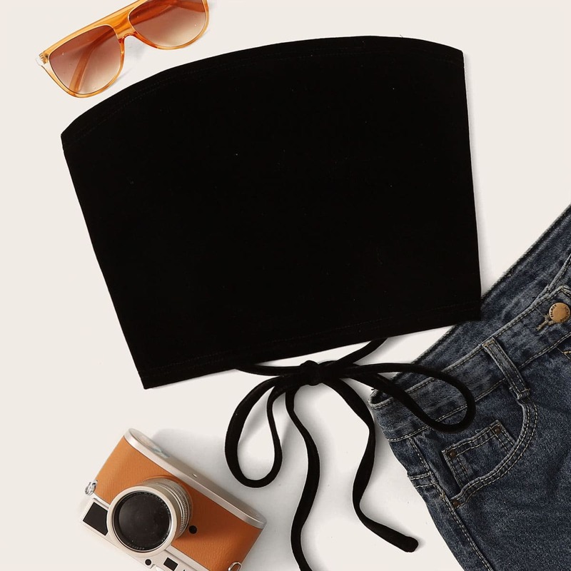 

Velvet Lace-up Back Tube Top, Black