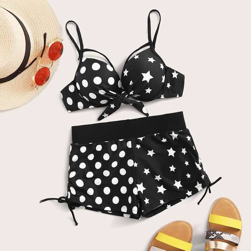 

Polka Dot & Star Print Underwire Top With Shorts 2pcs Swimsuit, Black and white