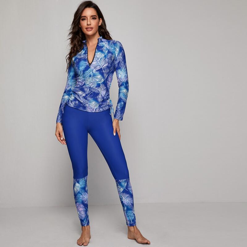 

Palm Print Zipper Front Long Sleeve Tankini, Blue
