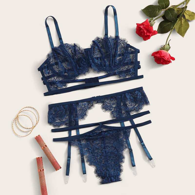 

Floral Lace Underwire Garter Lingerie Set, Navy blue