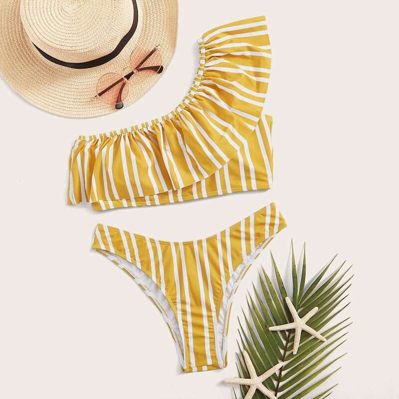 

Striped Flounce Top With High Cut Bikini Set, Yellow