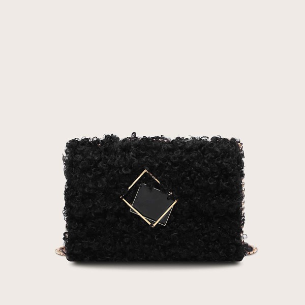 

Geometric Decor Faux Fur Fluffy Crossbody Bag, Black