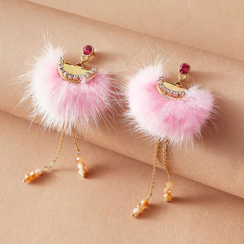 

1pair Fluffy & Tassel Chain Drop Earrings, Multicolor