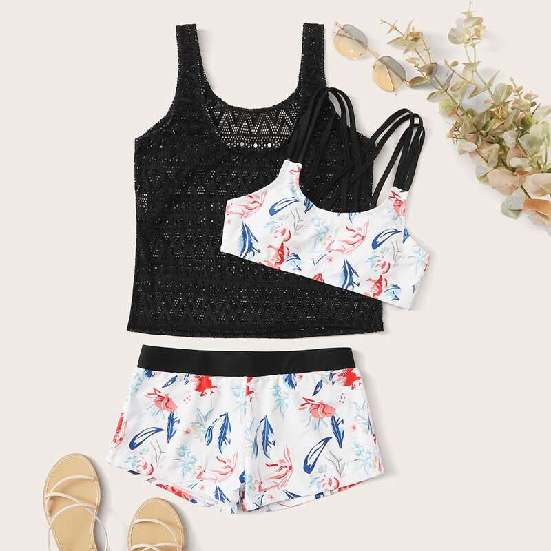 

3pack Floral Print Contrast Mesh Co-ord Tankini, Multicolor