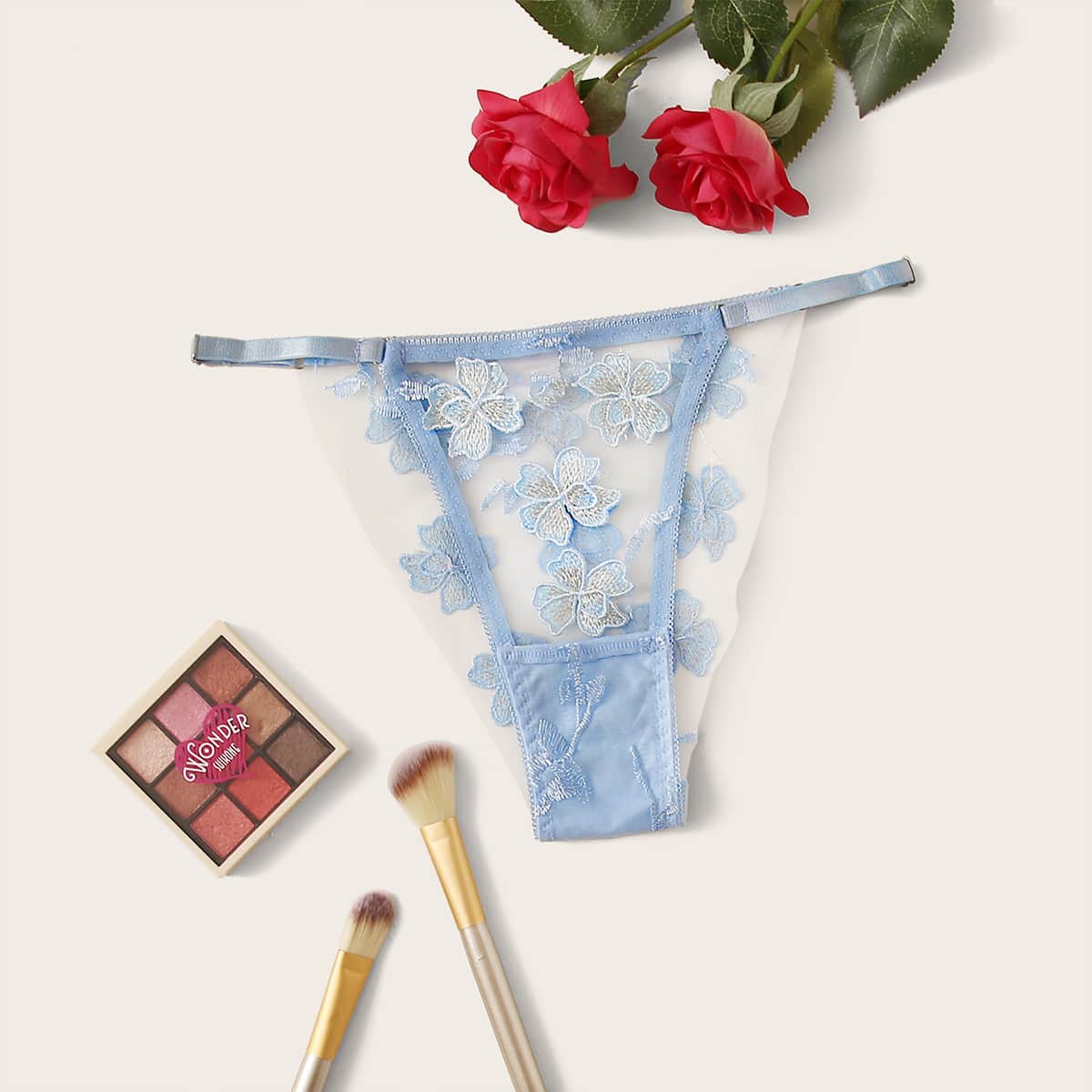 

Flower Appliques Mesh Panty, Blue