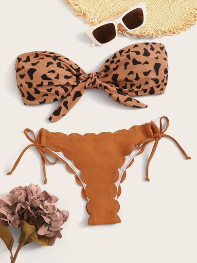 Leopard Bandeau With Tie Side Bikini Set