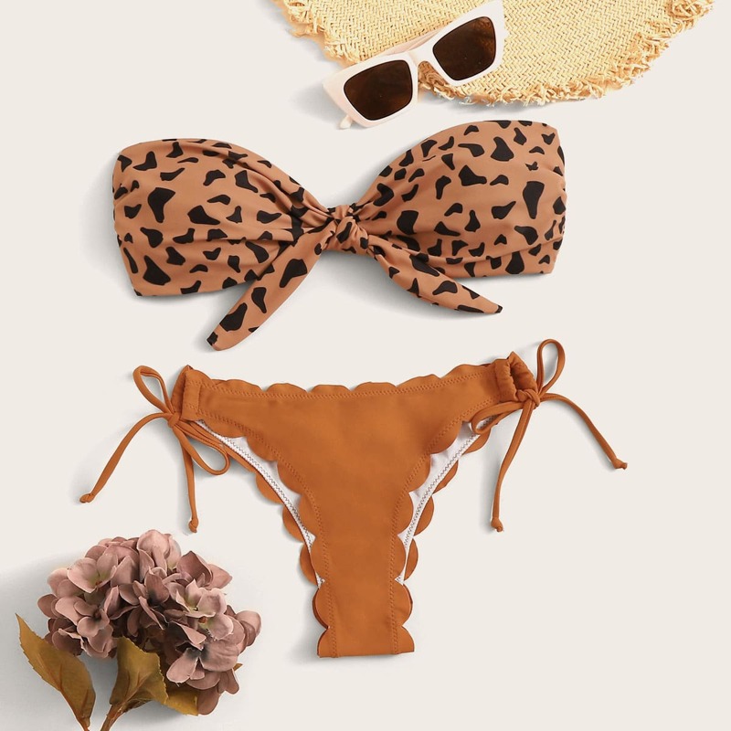 

Leopard Bandeau With Tie Side Bikini Set, Brown