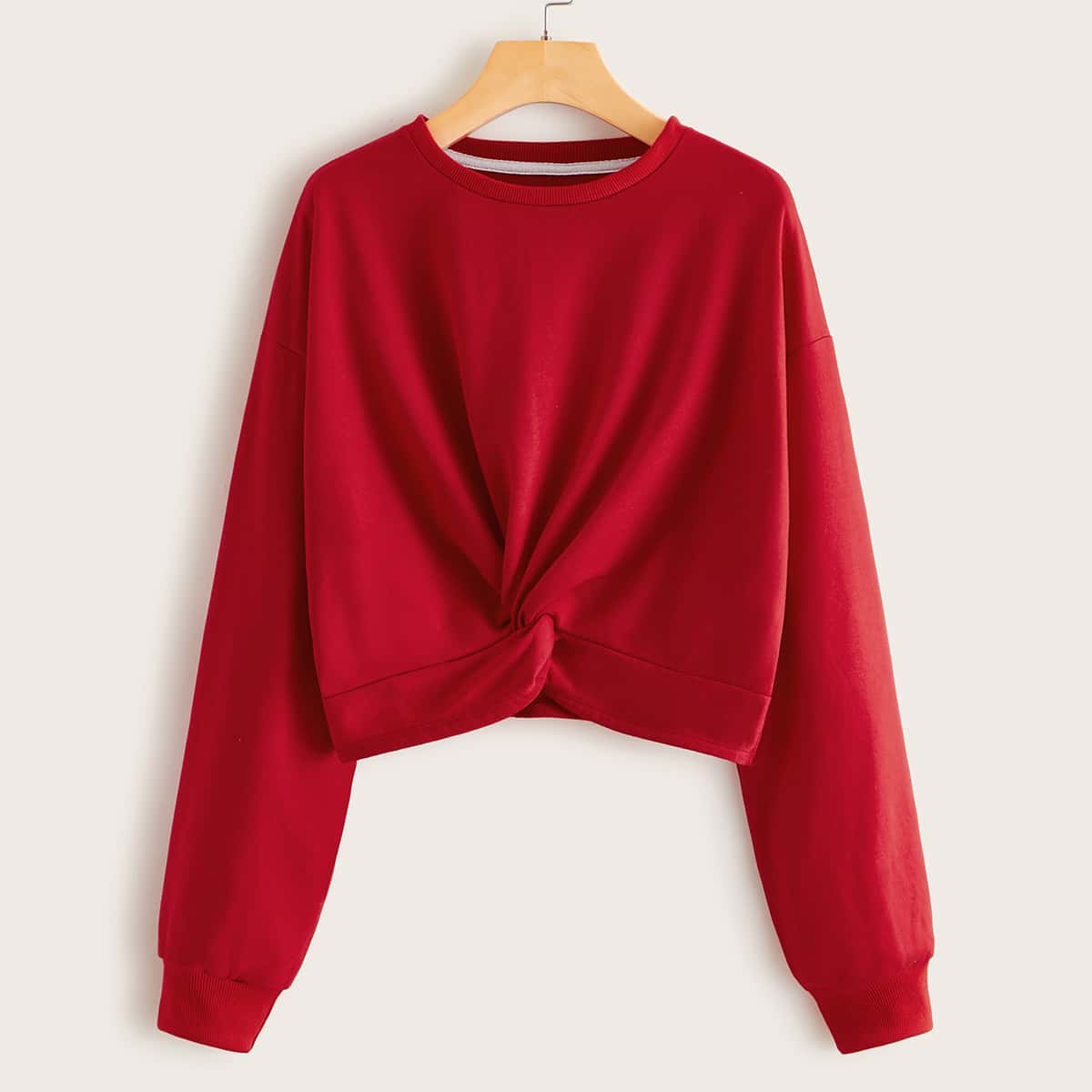 

Twist Front Drop Shoulder Solid Sweatshirt, Red