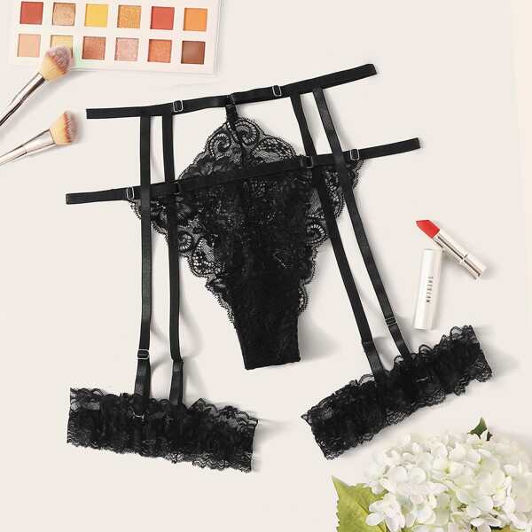 

Floral Lace Garter Panty, Black
