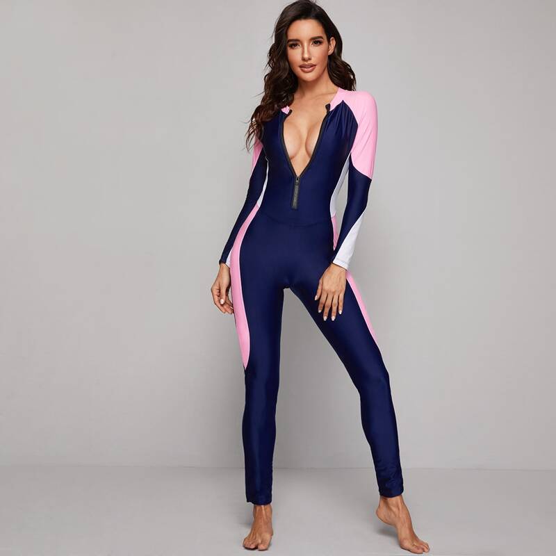 

Colorblock Zipper Front Long Sleeve One Piece Swimwear, Blue