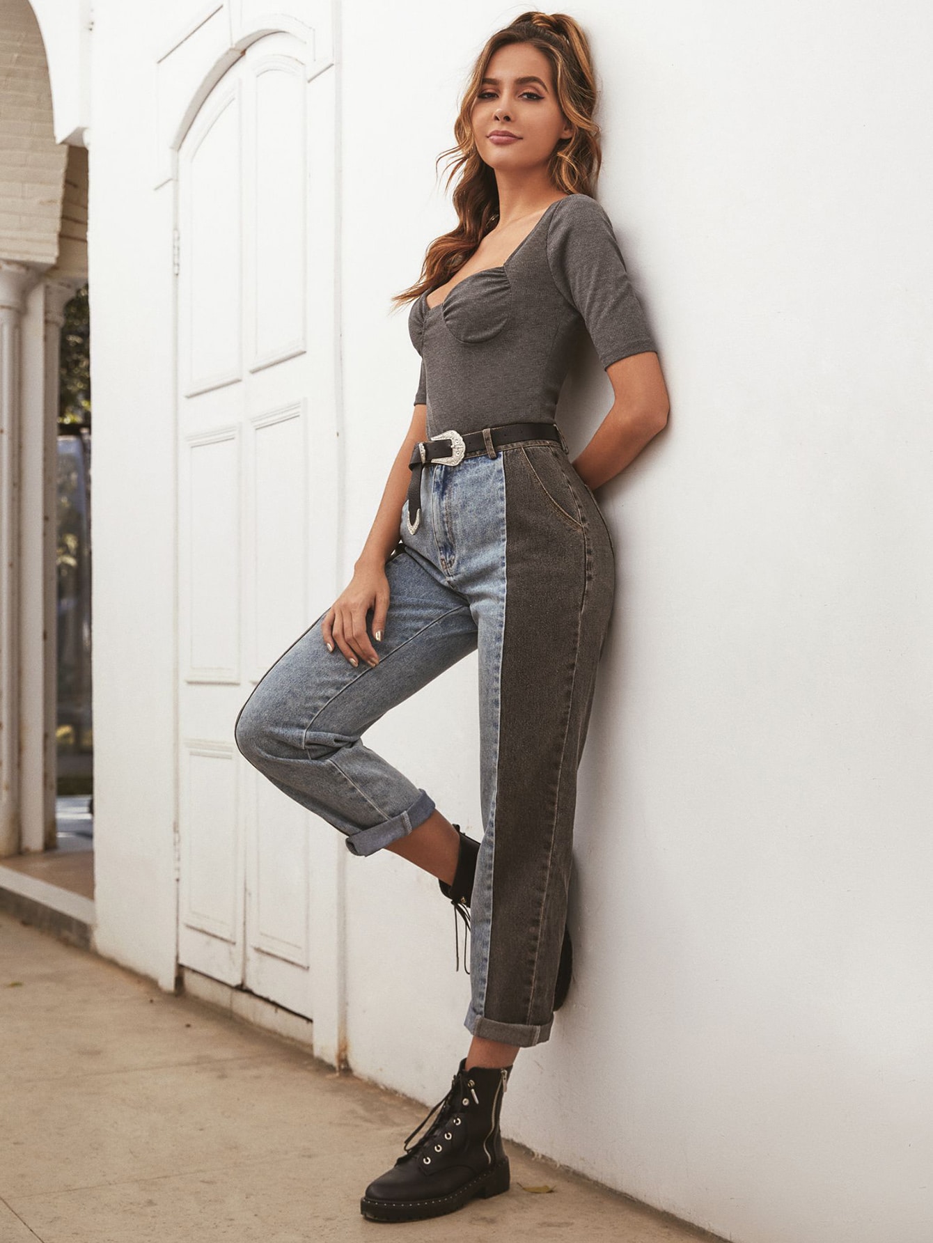 two tone jeans shein