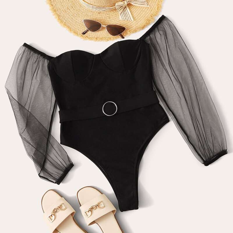 

Contrast Mesh Long Sleeve Belted One Piece Swimwear, Black