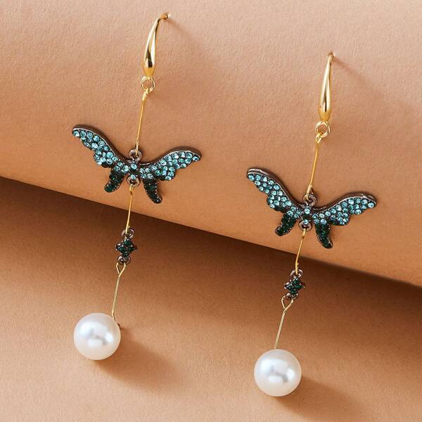 

1pair Rhinestone Engraved Butterfly & Faux Pearl Drop Earrings, Multicolor