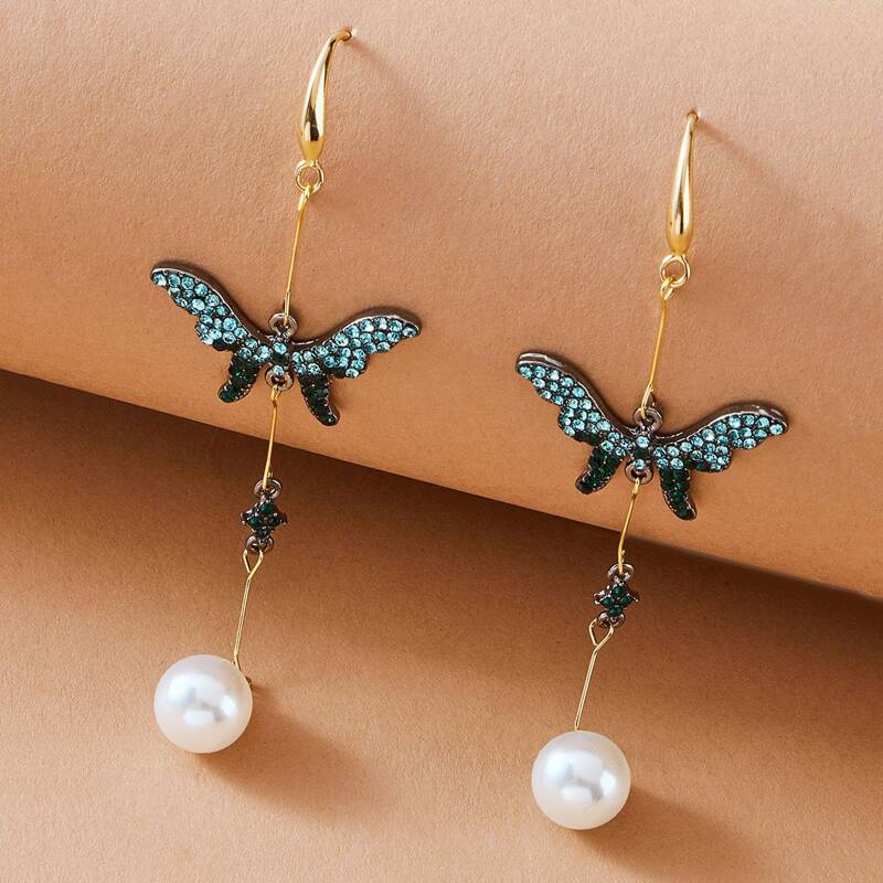 

1pair Rhinestone Engraved Butterfly & Faux Pearl Drop Earrings, Multicolor