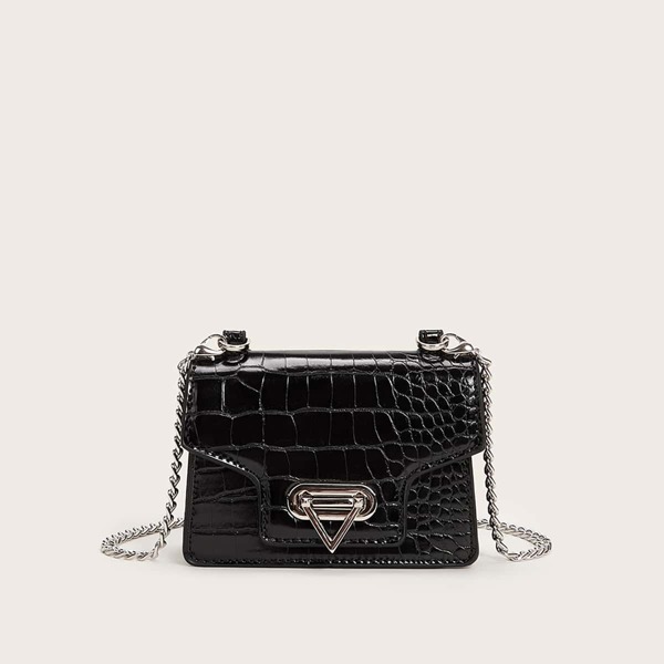 

Mini Croc Embossed Chain Bag, Black