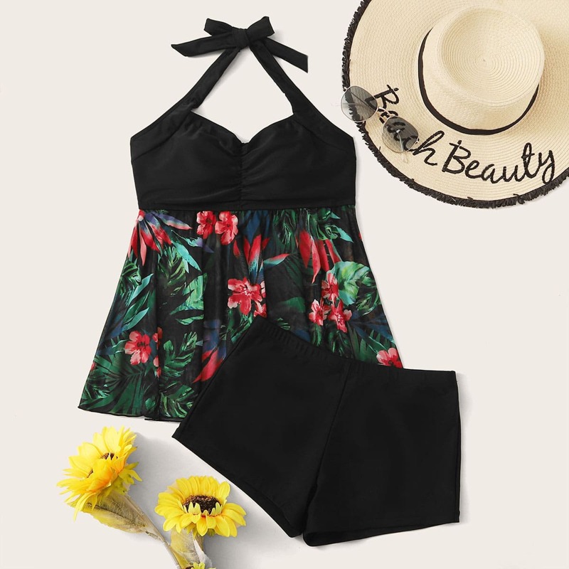 

Tropical Halter Top With Shortie Tankini, Multicolor