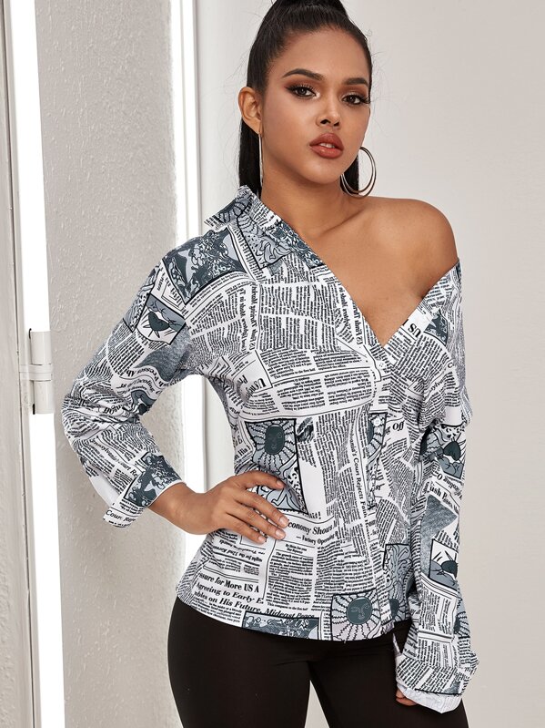 

Newspaper Print Shirt, Black and white, Tina