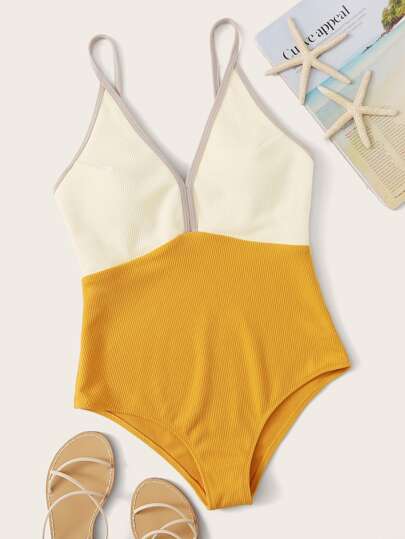Rib Two Tone One Piece Swimwear