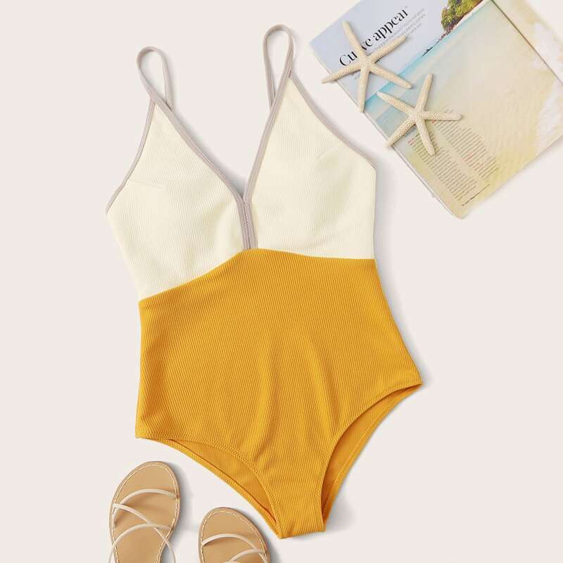 

Rib Two Tone One Piece Swimwear, Multicolor