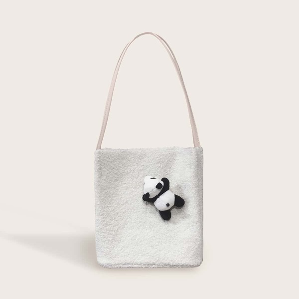 

Girls Panda Decor Fuzzy Tote Bag, White