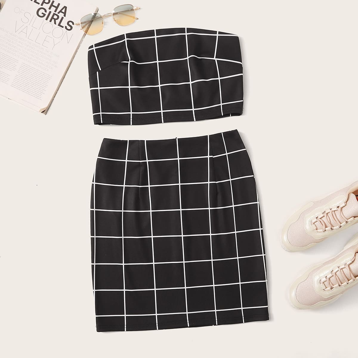 

Grid Print Crop Tube Top & Skirt, Black