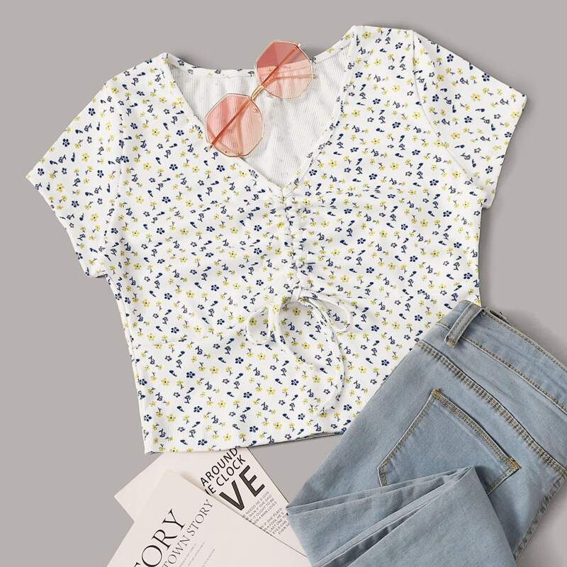 

Ditsy Floral Drawstring Front Tee, Multicolor