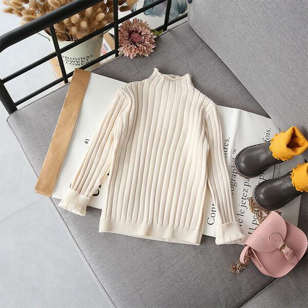 

Toddler Girls Lettuce Trim Stand Collar Sweaters, Beige
