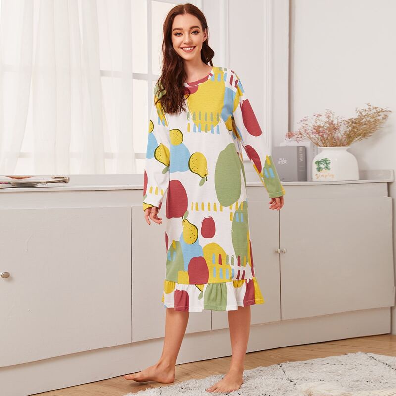 

Cartoon Fruit Ruffle Trim Night Dress, Multicolor