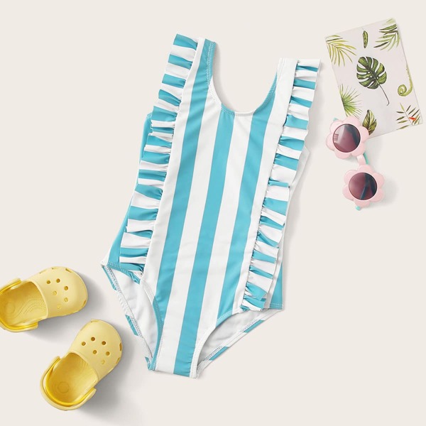 

Toddler Girls Striped Frill Trim One Piece Swimwear, Multicolor