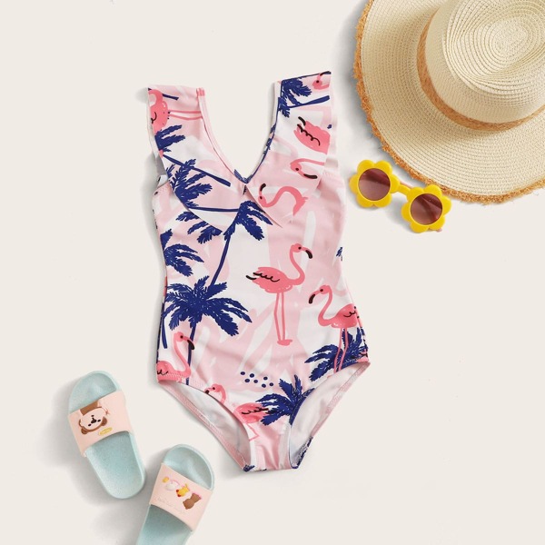 

Toddler Girls Tropical Ruffle One Piece Swimwear, Pink