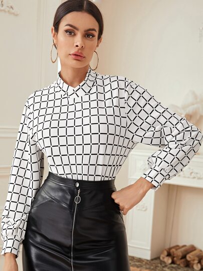 Plaid Stand Collar Blouse
