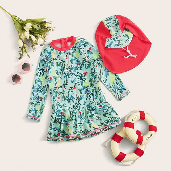 

Toddler Girls Tropical Long Sleeve One Piece Swimwear & Hat, Green