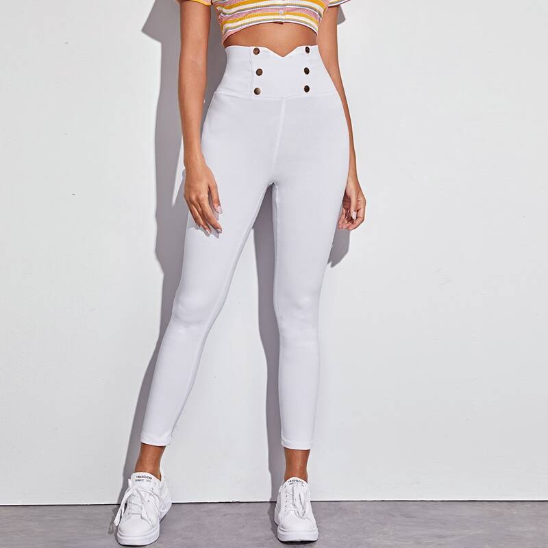 

Double Button Notched Waist Skinny Jeans, White