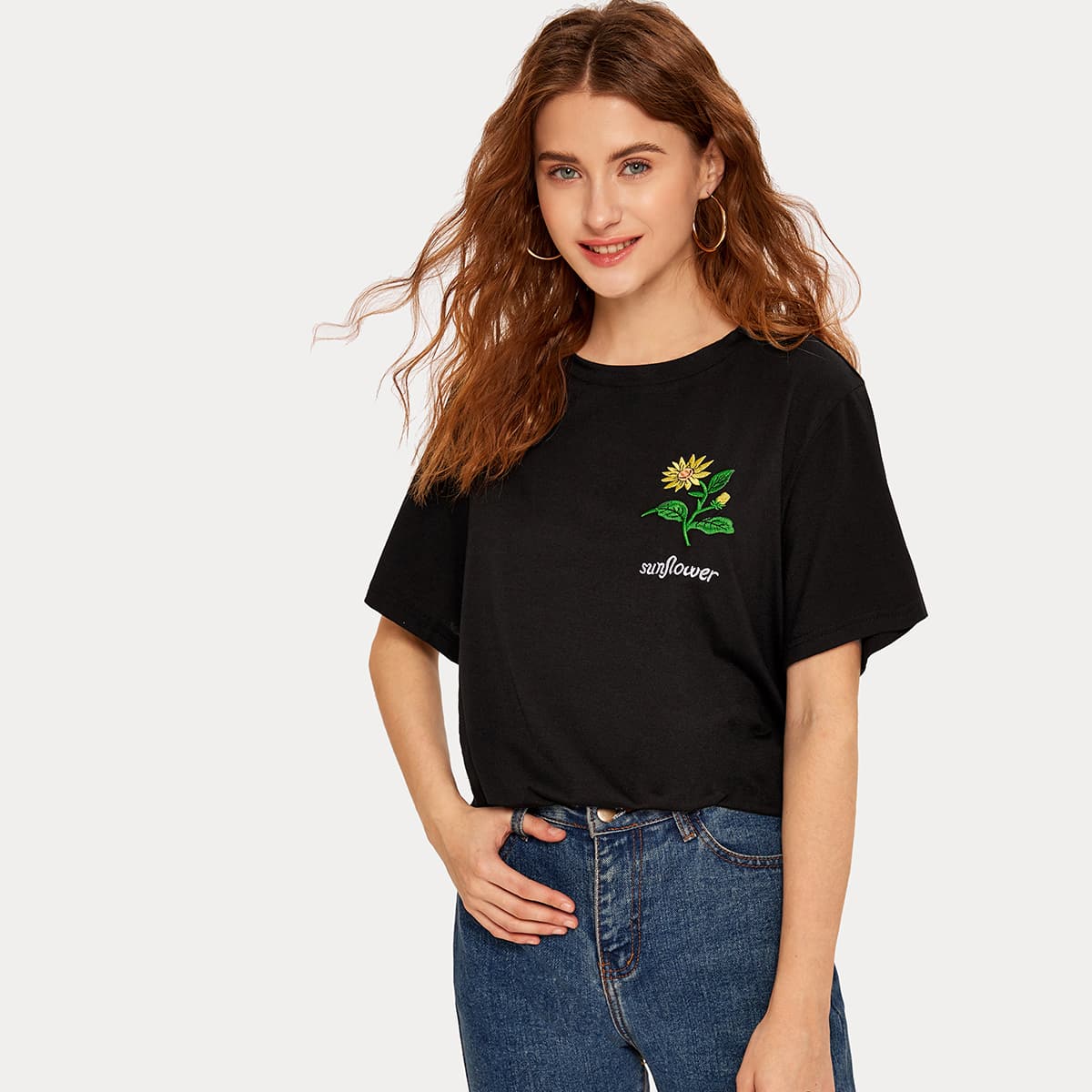 

Sunflower And Letter Embroidery Tee, Black