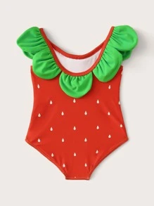Baby Girls Strawberry Pattern One Piece Swimwear - Red - View 2