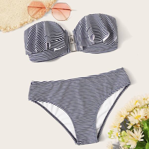

Striped Tiered Layer Bandeau Bikini Set, Navy