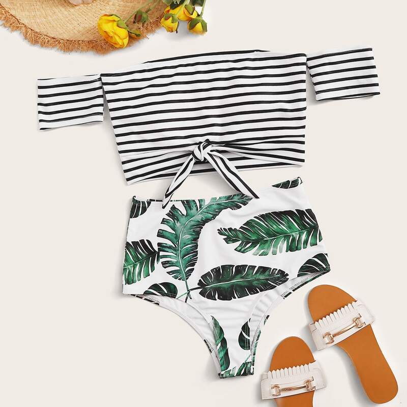 

Striped & Palm Print Knot Front Bardot Top With High Waist Bikini, Multicolor