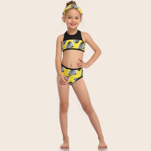 

Toddler Girls Heart Print Top With High Waist Bikini Set, Yellow