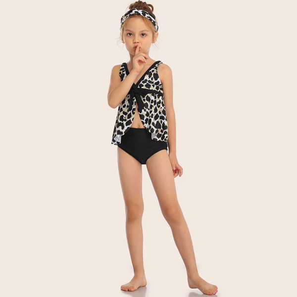 

Toddler Girls Leopard Knot Front Top With High Waist Tankini, Multicolor